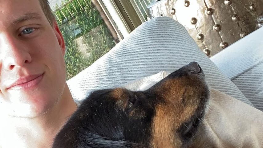 Rennfahrer Mick Schumacher mit seiner Hündin Angie.