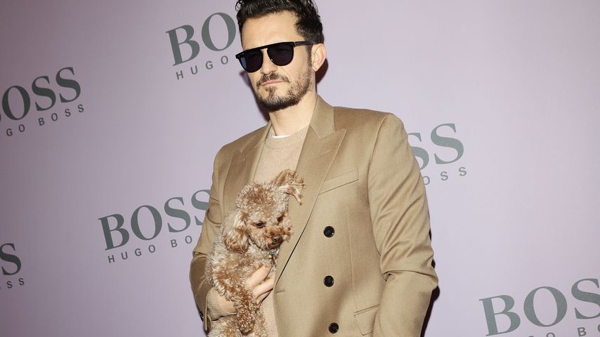 Orlando Bloom mit seinem Hund Mighty auf der Mailand Fashion Week