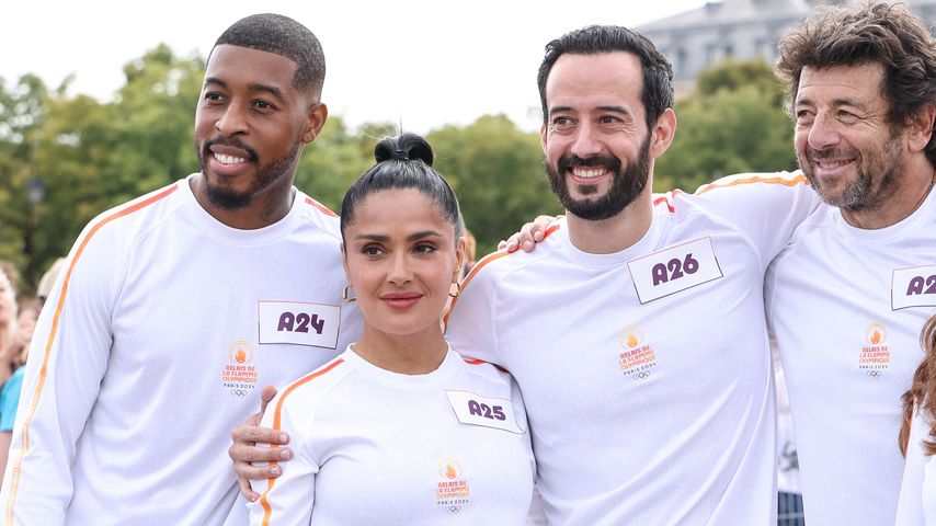 Presnel Kimpembe, Salma Hayek, Mathieu Forget und Patrick Brue, Juli 2024