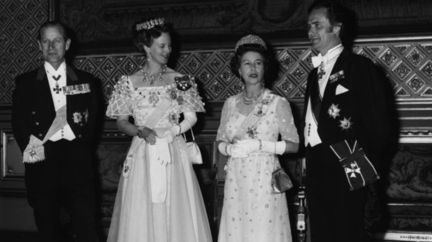 Prinz Philip, Königin Margrethe, Prinz Henrik, Queen Elizabeth II. und Prinz Henrik 1974