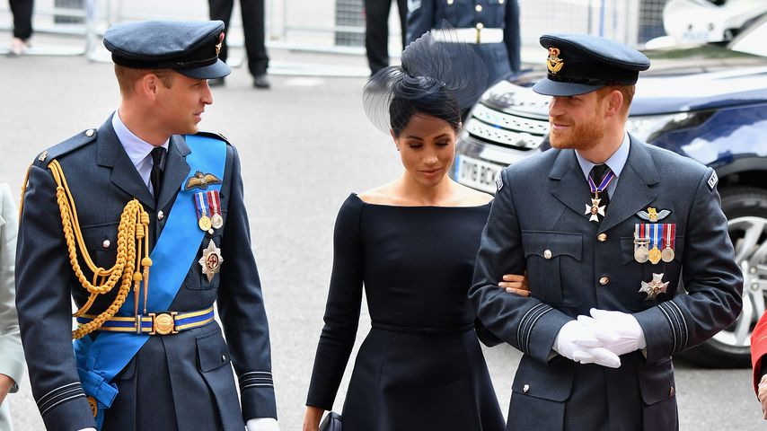 Prinz William, Herzogin Meghan und Prinz Harry im Juli 2018 in London
