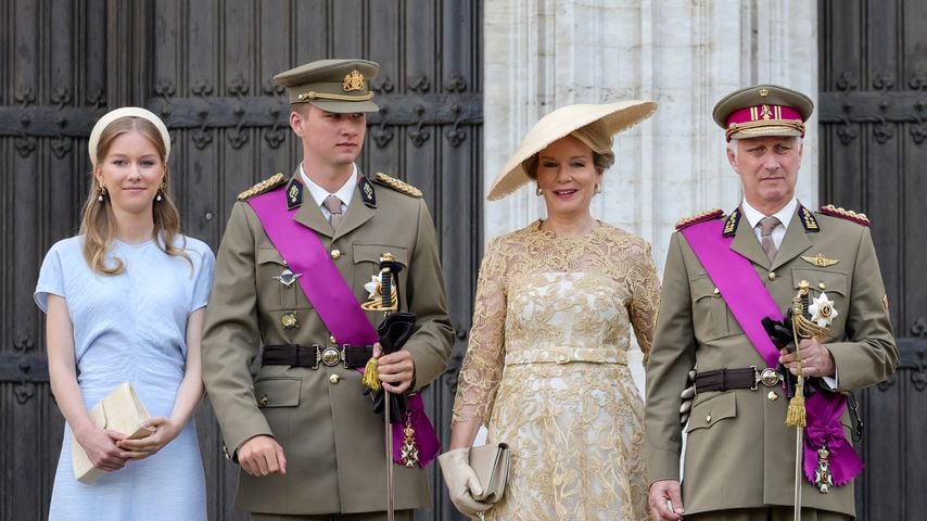 Prinzessin Eléonore, Prinz Gabriel, Königin Mathilde und König Philippe nach dem Te Deum am belgischen Nationalfeiertag in Brüssel, Juli 2026