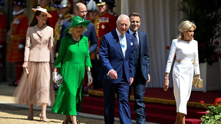 Prinzessin Kate, Königin Camilla, Prinz William, König Charles, Emmanuel und Brigitte Macron