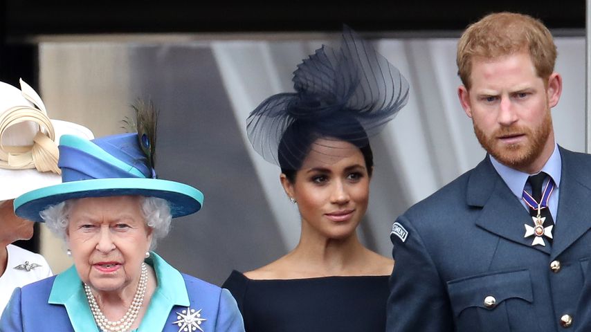 Queen Elizabeth II., Prinz Harry und Herzogin Meghan im Juli 2018
