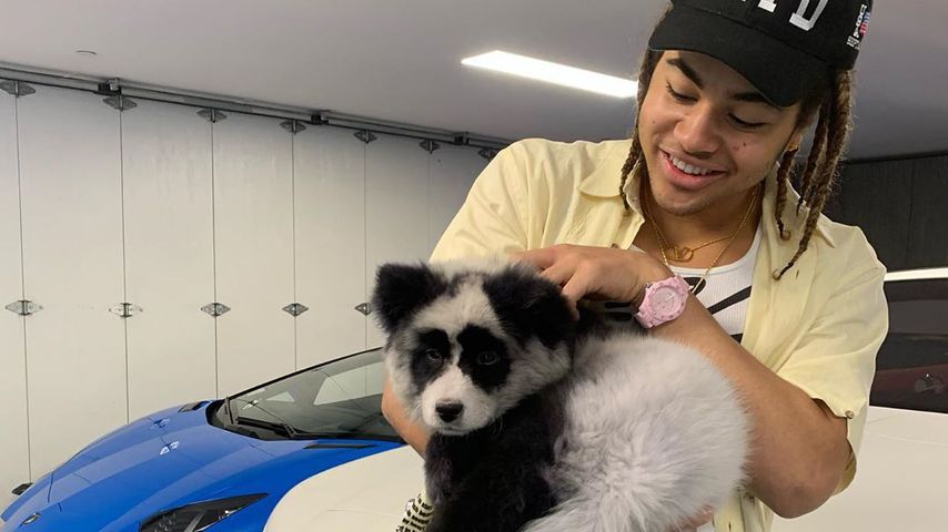 Rapper 24kGoldn mit einem Hund auf dem Arm