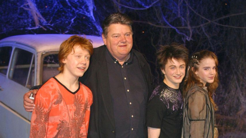 Rupert Grint, Robbie Coltrane, Daniel Radcliffe und Emma Watson im Jahr 2003
