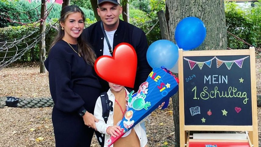 Sarah Engels und Pietro Lombardi mit ihrem Sohn Alessio an dessen Einschulungstag