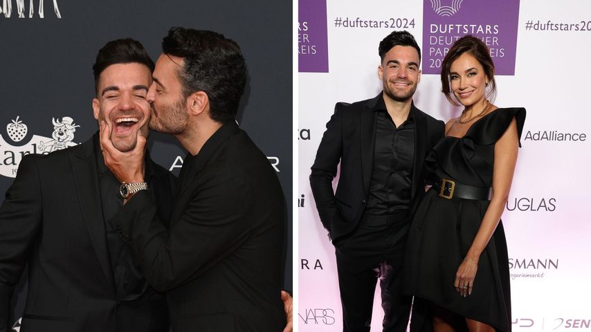 Collage: Stefano Zarrella posiert links mit seinem Bruder Giovanni Zarrella und rechts mit Jana Ina Zarrella.