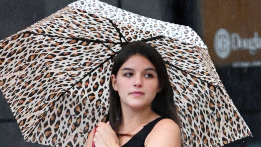 Person mit Leopardenmuster-Regenschirm in Brooklyn im Regen unterwegs
