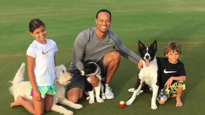 Tiger Woods mit seinen Kindern Sam und Charlie im Jahr 2015
