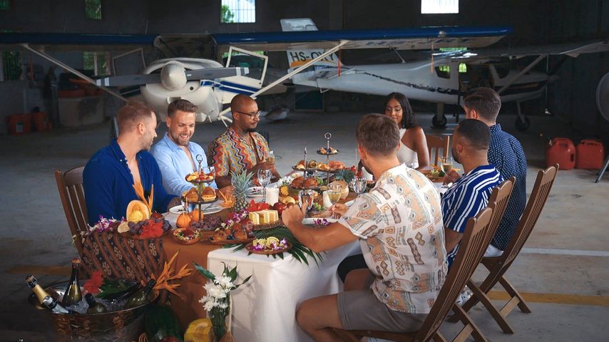 Tom, Steffen, Lukas, Jan, Sharon, Emanuell und Alexandros in der vorletzten "Die Bachelorette"-Folge