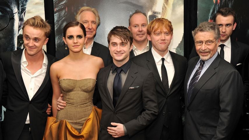 Tom Felton, Emma Watson, Alan Rickman, Daniel Radcliffe, David Yates, Rupert Grint, Barry M. Meyer
