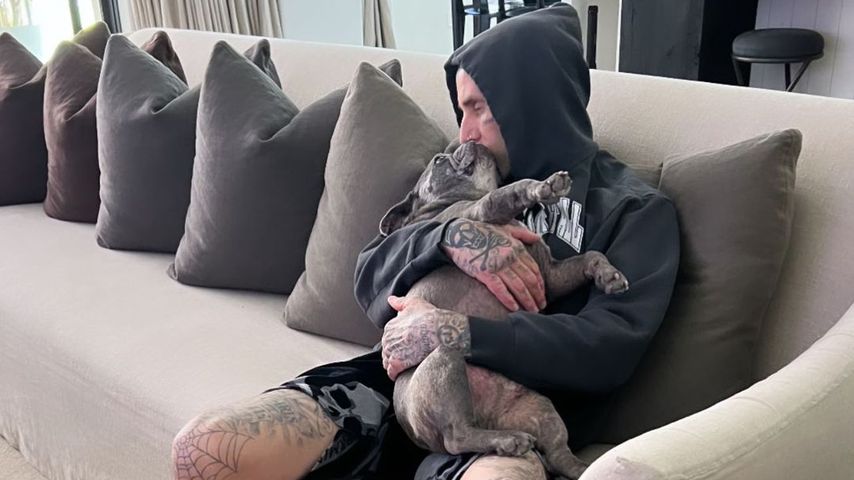 Schlagzeuger Travis Barker mit seinem Hund Blue