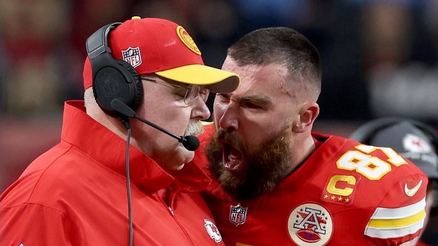 Travis Kelce (r.) und Head Coach Andy Reid, Super Bowl 2024