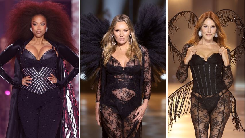Collage: Tyra Banks, Kate Moss und Carla Bruni bei der Victoria's-Secret-Fashionshow 2024