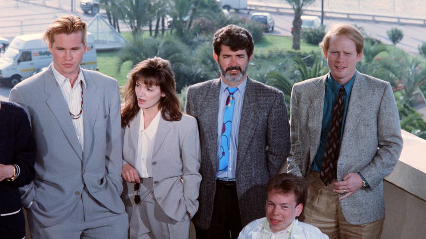 Val Kilmer, Joanne Whalley, George Lucas, Ron Howard und Warwick Davis, Mai 1988