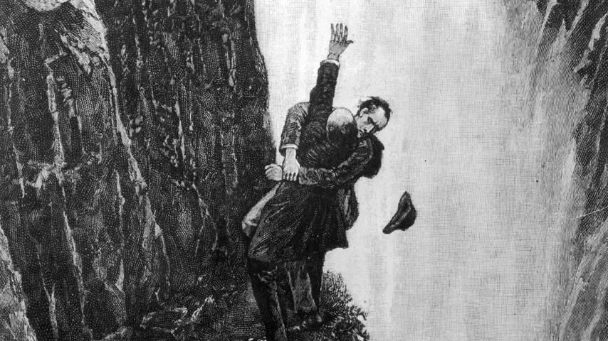 Sherlock Holmes und Moriarty, Reichenbachfälle,  Zeichnung von Sidney Paget