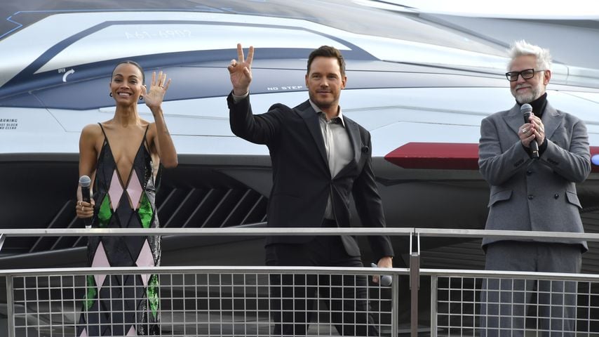 Zoe Saldana, Chris Pratt und James Gunn im April 2023